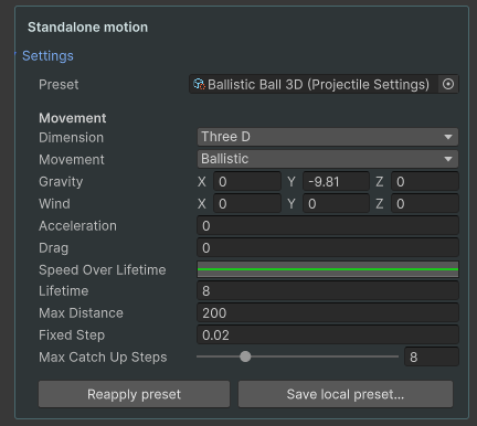 Standalone motion settings for an independent 3D trajectory