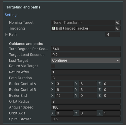 Targeting and authored path settings on Projectile Controller