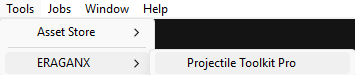 Unity Tools menu with the ERAGANX Projectile Toolkit Pro Manager command