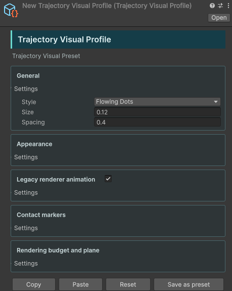 Trajectory Visual Profile asset with style, appearance, markers and rendering budget