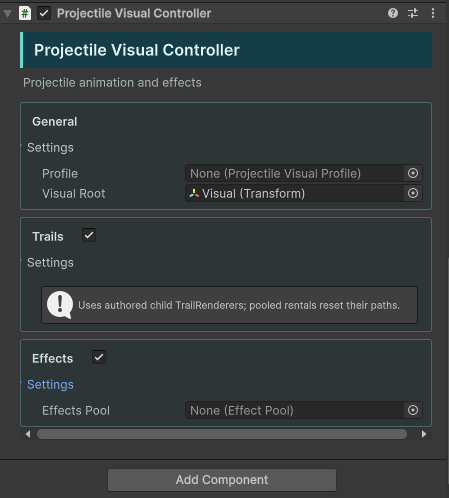 Projectile Visual Controller Inspector for animation and effects